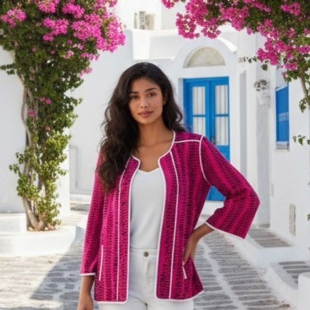 Ming Wang L Hot Pink Black Textured Knit Hook Front Cardigan Jacket NEW